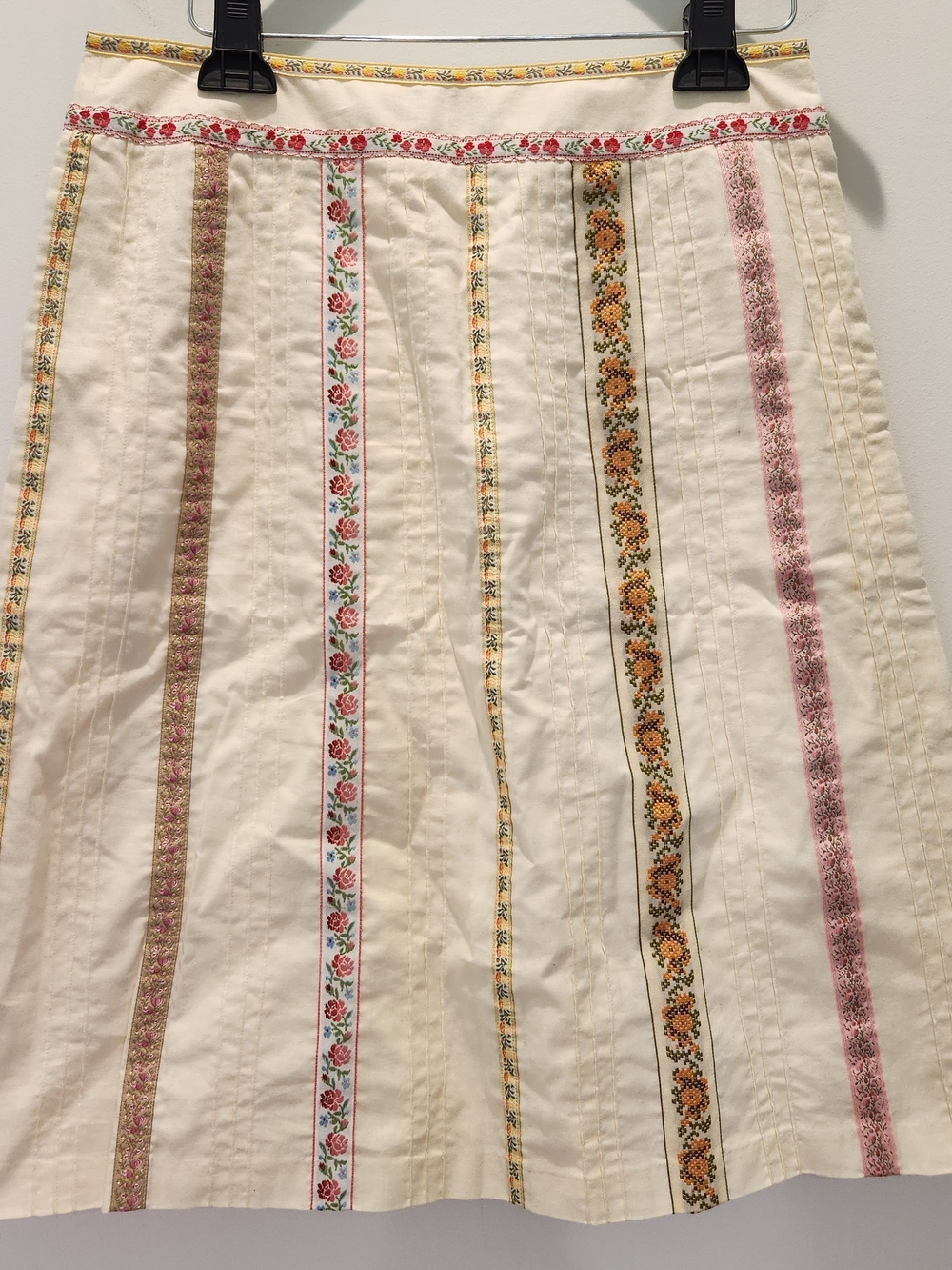 Beth Bowley Cream A-Line Skirt with Multicolor Floral Ribbon Stripes 100% Cotton